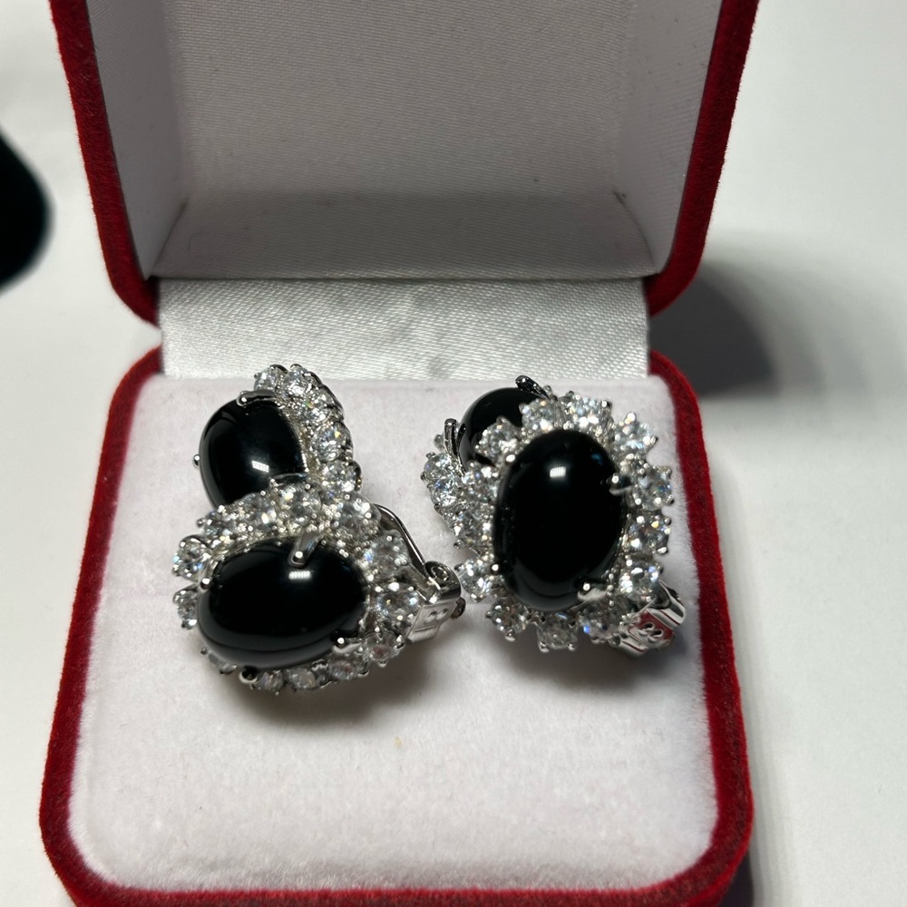 Jarin Kasi Elegant Black Onyx Halo Clip-On Earrings with Clear Crystal Accents